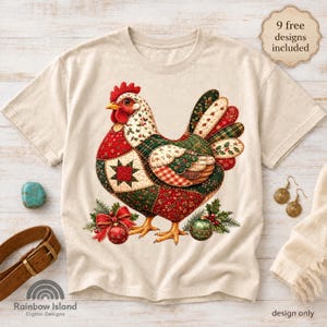 May include: A beige t-shirt featuring a graphic of a rooster with a patchwork quilt pattern in red, green, and white. The rooster is surrounded by Christmas ornaments and holly. A badge in the top right corner reads 9 free designs included.