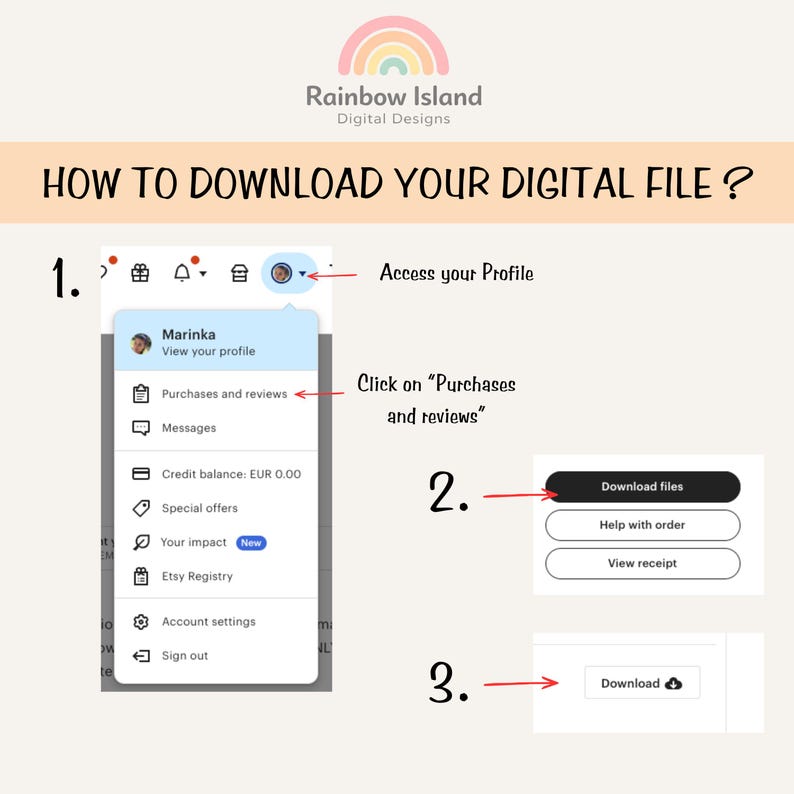 The image is a screenshot of a mobile application interface, specifically a profile page, with instructions on how to download a digital file.