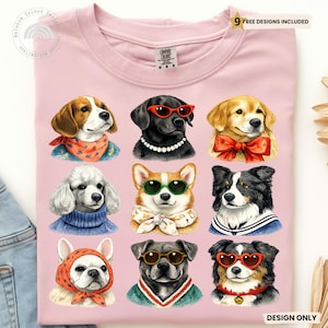Peut inclure: Un t-shirt rose clair orné d'une grille de neuf chiens illustrés portant divers accessoires, notamment des lunettes de soleil, des foulards et des nœuds. Le motif comprend un beagle, un chien noir avec des perles, un golden retriever et un corgi.