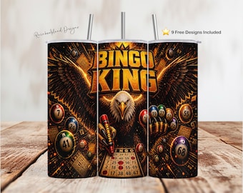 Bingo King Tumbler Wrap | Dark Eagle Masculine 20oz Skinny Tumbler Sublimation Design PNG | Mens Bingo Gift Digital Download