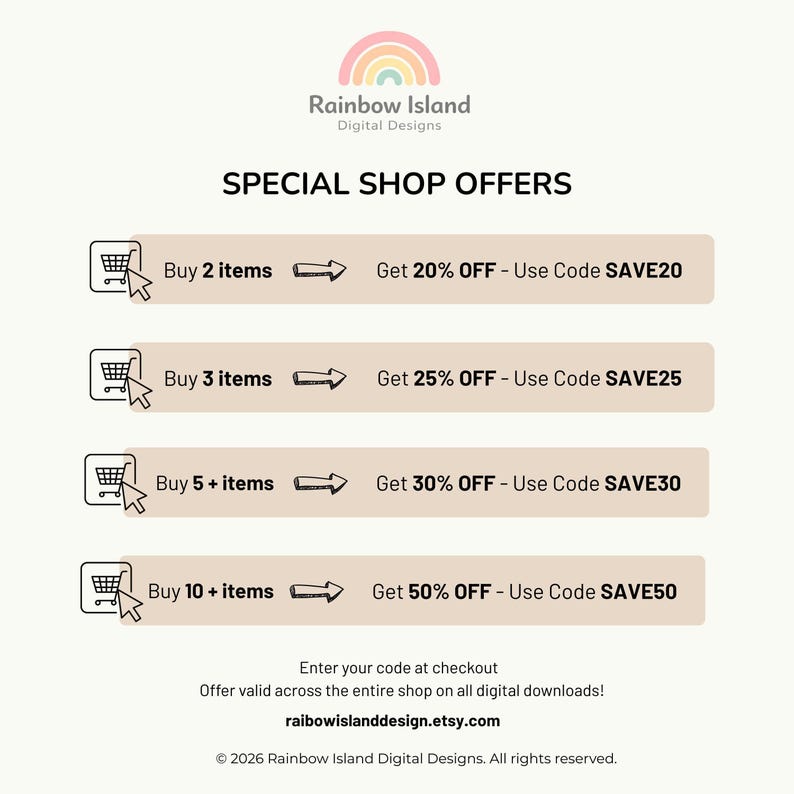 The image is a promotional flyer for a special shop offer, featuring a shopping cart icon and various discount percentages.