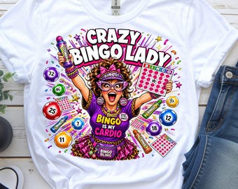 Crazy Bingo Lady PNG, Funny Pop Art Sublimation Design Digital Download, Bingo Is My Cardio Trendy PNG Design