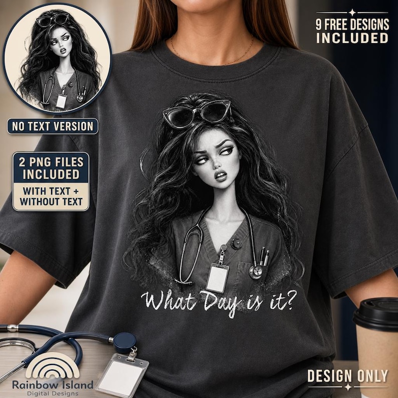 May include: A charcoal grey t-shirt featuring a black and white graphic illustration of a person with long wavy hair wearing glasses on their head, a stethoscope around their neck, and a badge holder, with the text What Day is it? printed below.