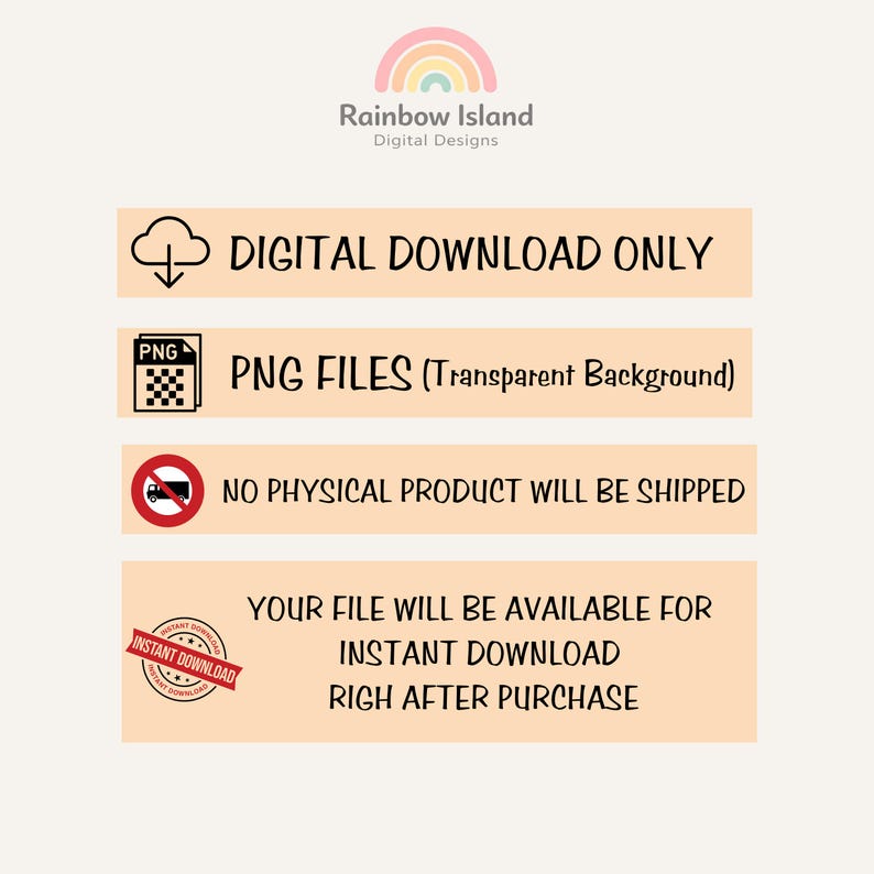 a series of instructions and warnings related to digital download and product availability. It includes icons for digital download, transparent background, no physical product, and instant download. The text provides information about the terms and conditions for accessing and using the digital content.