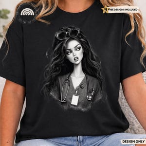 May include: A black t-shirt featuring a graphic illustration of a person with long wavy hair wearing glasses on their head, a scrub top, and a stethoscope around their neck. The graphic includes a blank ID badge and a small crescent moon pin.
