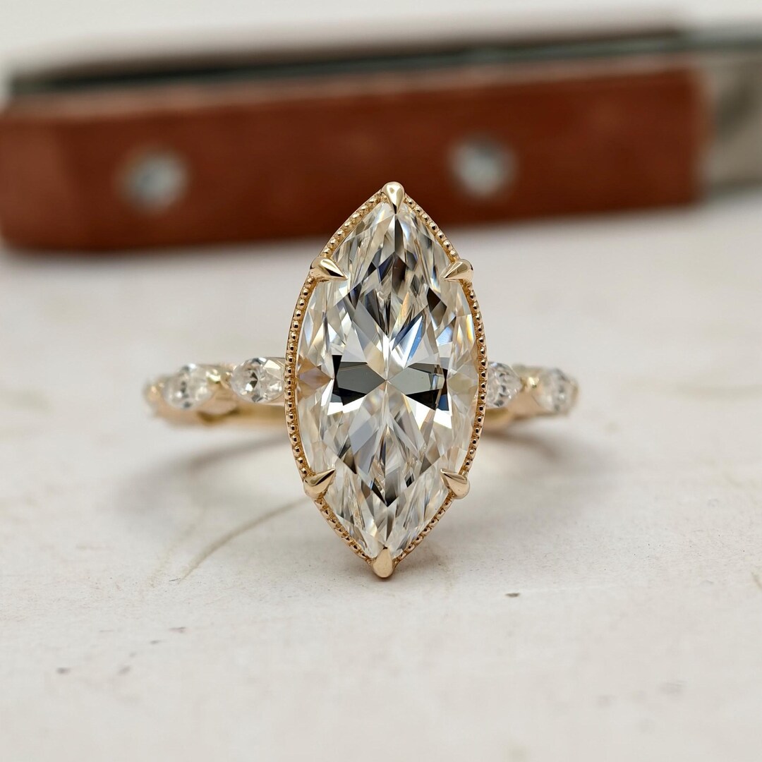 Marquise Cut Lab Grown Diamond Ring 14K Gold, Solitaire With Side ...