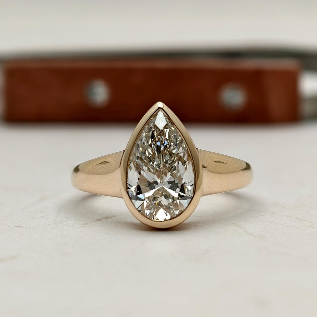 2.50 CT Teardrop Pear Lab Grown Diamond 14K Yellow Gold Bezel Set Ring ...