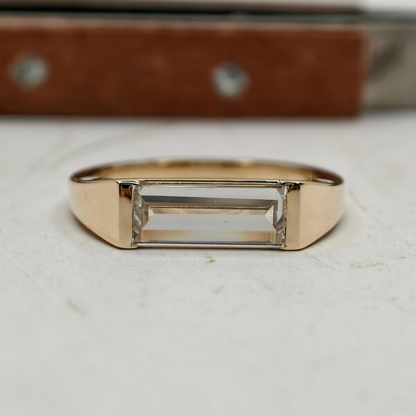 Lab Grown Diamond Baguette, 14K Gold Signet Ring, East West Diamond,