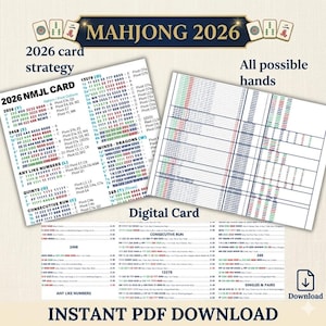 Op de afbeelding: Een digitale kaart voor Mahjong 2026, met strategiekaarten en alle mogelijke handen. De kaart bevat de tekst "2026 card strategy" en "All possible hands". Directe PDF-download.