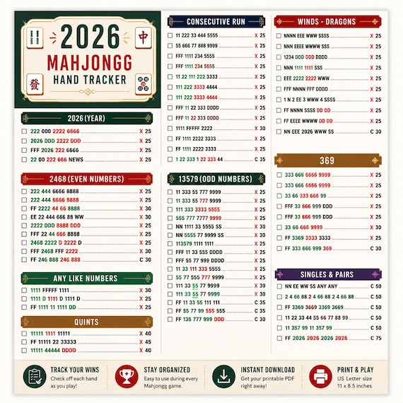 2026 Mahjong Hand Tracker, American Mahjong Printable, Mah Jongg, Mahjong scorecard, Mahjong tiles, Mahjong Game Night, PDF Download