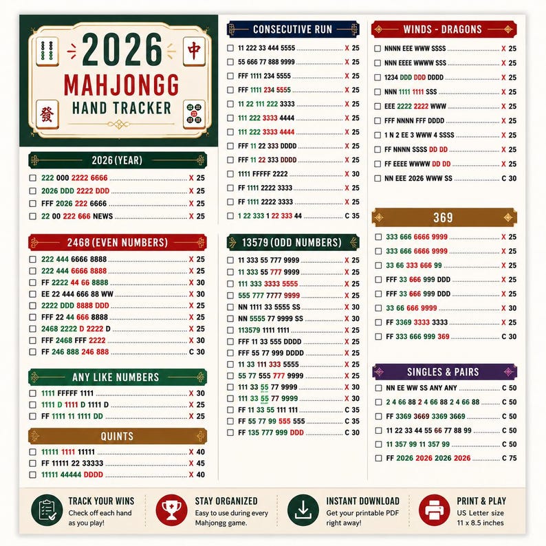 May include: A 2026 Mahjongg hand tracker score sheet featuring a grid of game hands categorized by type, including 2468, 13579, and Winds-Dragons. The document includes checkboxes for tracking wins and specifies US Letter size 11 x 8.5 inches.