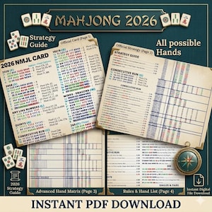 May include: A strategy guide for the Mahjong 2026 game, featuring card layouts and hand combinations. The image includes the text "Instant PDF Download" and a compass graphic.