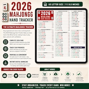 2026 Mahjong Hand Tracker, prosta jedna strona Mah Jongg PDF do pobrania cyfrowego | Mahjong 2026
