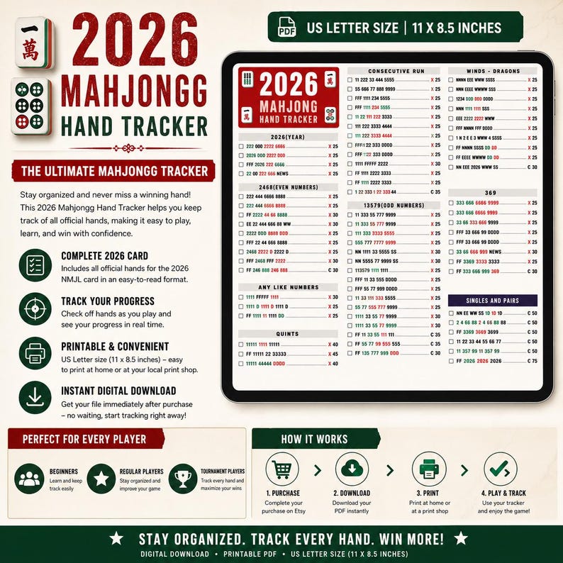 May include: A 2026 Mahjongg Hand Tracker digital document featuring a list of official hands, scoring values, and checkboxes. The layout includes sections for consecutive runs, winds, dragons, and numbers, formatted for US Letter size 11 x 8.5 inches.