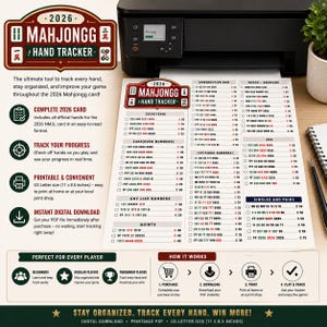 May include: A 2026 Mahjongg Hand Tracker printed on an 11 x 8.5 inch sheet of paper. The document features a red and white header with the text 2026 MAHJONGG HAND TRACKER, followed by organized columns of game hands, numbers, and checkboxes for tracking.