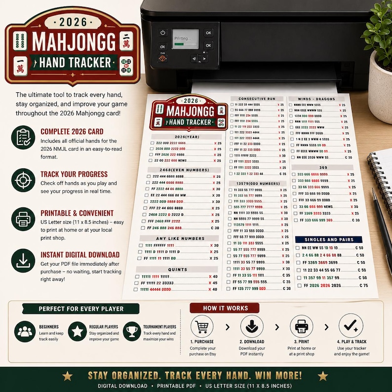 May include: A 2026 Mahjongg Hand Tracker printed on an 11 x 8.5 inch sheet of paper. The document features a red and white header with the text 2026 MAHJONGG HAND TRACKER, followed by organized columns of game hands, numbers, and checkboxes for tracking.