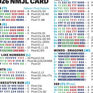 May include: A card with the text "2026 NMJL CARD" at the top. The card is filled with various number combinations and patterns, including "2026 (Y)", "2468 (E)", "ANY LIKE NUMBERS (L)", "QUINTS (Q)", "CONSECUTIVE RUN (C)", and "WINDS - DRAGONS (W)".