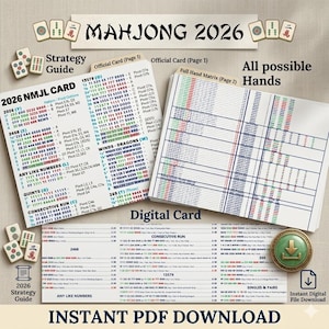 May include: A digital card for the game Mahjong 2026, featuring a strategy guide and a full hand matrix. The card includes the text "Instant PDF Download" and a graphic of a download icon.