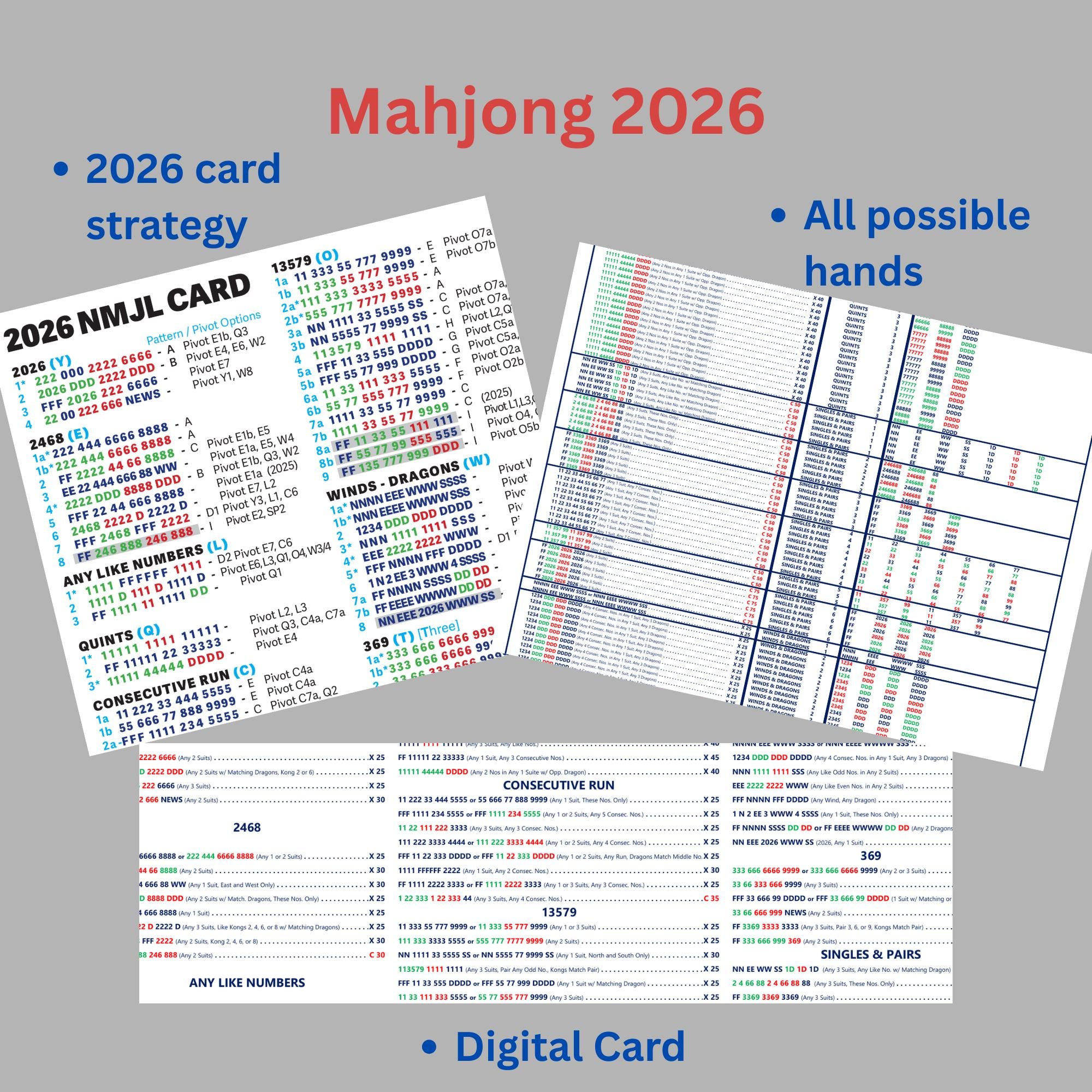 2026 American Mahjong Complete Card Bundle | All Possible Hands +
