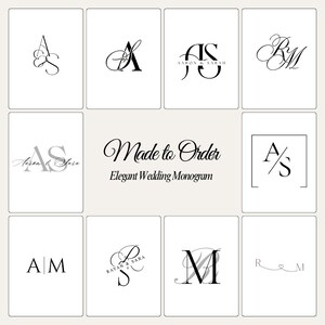 Può includere: Una collezione di eleganti monogrammi nuziali in scrittura nera su sfondi bianchi. I monogrammi presentano iniziali e nomi, con vari stili di design. Viene visualizzato anche il testo "Made to Order" e "Elegant Wedding Monogram".