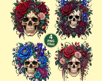Floral Skull PNG Bundle, Halloween Skull Decor, Girly Floral Skull Clipart, Skull Sublimation, Gothic Skull PNG Designs, Digital Download