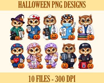 Halloween Nurse PNG Bundle, Healthcare Owl Halloween Clipart, Doctor Dentist EMT Pharmacist Sublimation PNG, Cute Nurse Life Shirt Design