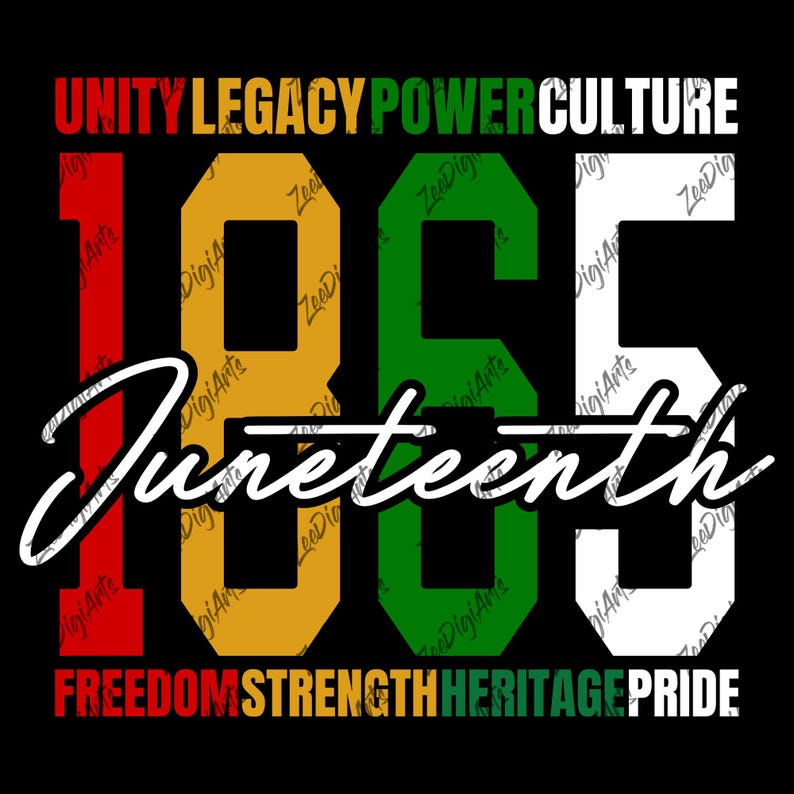 K&ouml;nnte beinhalten: Schwarzes Grafikdesign mit dem Wort "Juneteenth" in wei&szlig;er Schrift &uuml;ber den Zahlen "1865" in Rot, Gold, Gr&uuml;n und Wei&szlig;. Die W&ouml;rter "Unity, Legacy, Power, Culture, Freedom, Strength, Heritage, Pride" werden ebenfalls angezeigt.