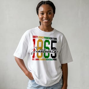 K&ouml;nnte beinhalten: Wei&szlig;es T-Shirt mit dem Text "UNITY LEGACY POWER CULTURE" &uuml;ber den Zahlen "1865" in Rot, Gold, Gr&uuml;n und Schwarz. Darunter steht das Wort "Juneteenth" in Schreibschrift, darunter "FREEDOM STRENGTH HERITAGE PRIDE".