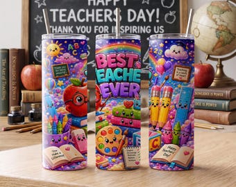 Kawaii Best Teacher Ever Tumbler Wrap PNG, Cute Teacher Appreciation Sublimation Design, Rainbow Skinny Tumbler Gift PNG Digital Download