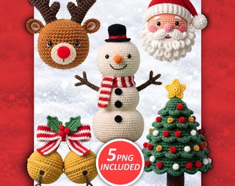 Christmas Crochet PNG Bundle, Amigurumi Santa Snowman Reindeer Tree Bells Clipart, Sublimation Xmas Shirt Mug DTF Digital Download