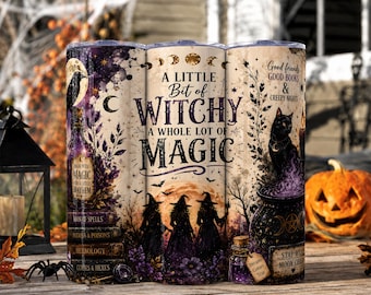 Witchy Tumbler Wrap PNG, A Little Bit of Witchy Whole Lot of Magic, Halloween Skinny Tumbler Sublimation Design, Black Cat Witch Tumbler PNG