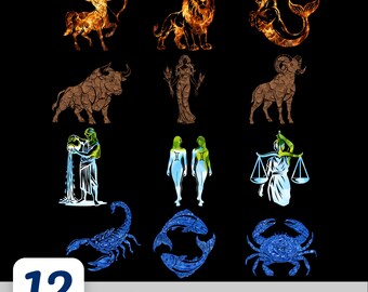 Zodiac shapes PNG bundle, horoscope sublimation designs, element texture zodiac signs, trendy DTF shirt graphics, astrology PNGs for crafts