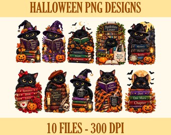 Black Cat Book Lover PNG Bundle, Halloween Bookish Sublimation Designs, Witchy Cat Reading Clipart, Spooky Book PNG, Bookish png Designs