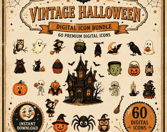 Cute Retro Halloween PNG Bundle, Spooky Season Digital Icons, Pumpkin Witch Sublimation Designs, Cat Bat Cliparts, Vintage Ghost Graphics