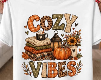 Cozy Vibes PNG, Fall Pumpkin Sublimation Design, Autumn Coffee & Blanket Clipart, Cozy Fall Shirt, Thanksgiving PNG, Rustic Digital Download
