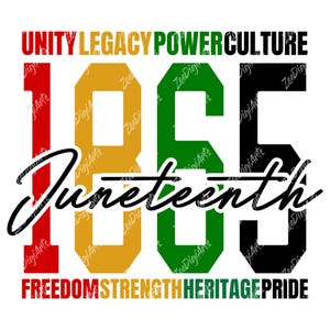 K&ouml;nnte beinhalten: Grafikdesign mit dem Wort "Juneteenth" in Schreibschrift &uuml;ber den Zahlen "1965". Die W&ouml;rter "Unity, Legacy, Power, Culture, Freedom, Strength, Heritage, Pride" sind ebenfalls in verschiedenen Farben dargestellt.