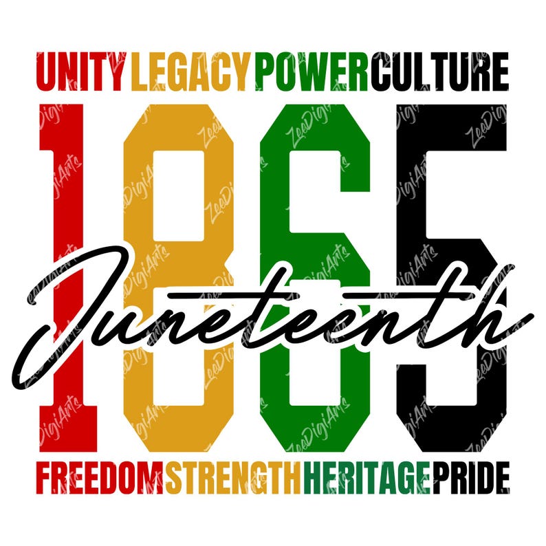 K&ouml;nnte beinhalten: Grafikdesign mit dem Wort "Juneteenth" in Schreibschrift &uuml;ber den Zahlen "1965". Die W&ouml;rter "Unity, Legacy, Power, Culture, Freedom, Strength, Heritage, Pride" sind ebenfalls in verschiedenen Farben dargestellt.