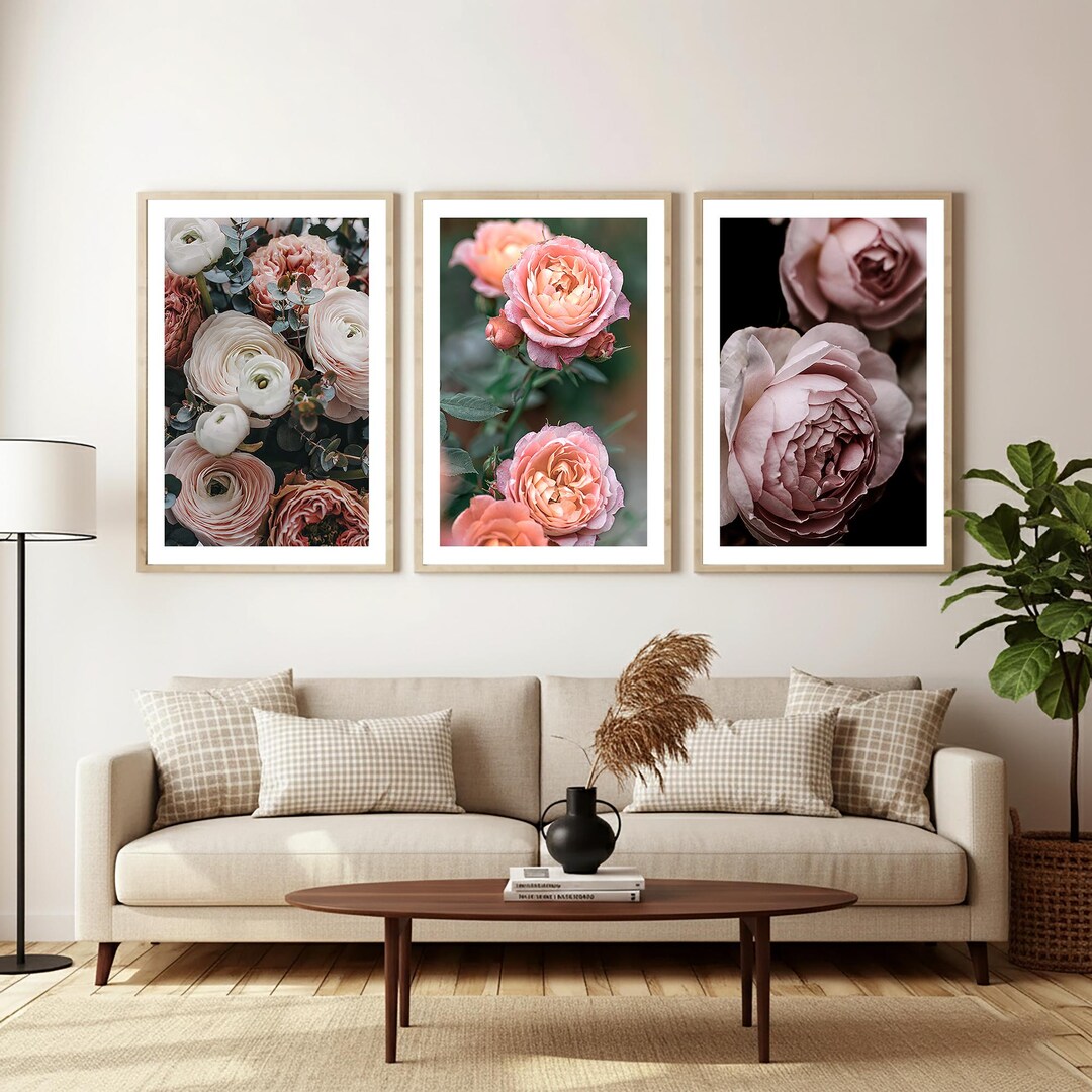 Romantic Dusty Rose Floral Wall Art Set of 3, Vintage Botanical Print ...