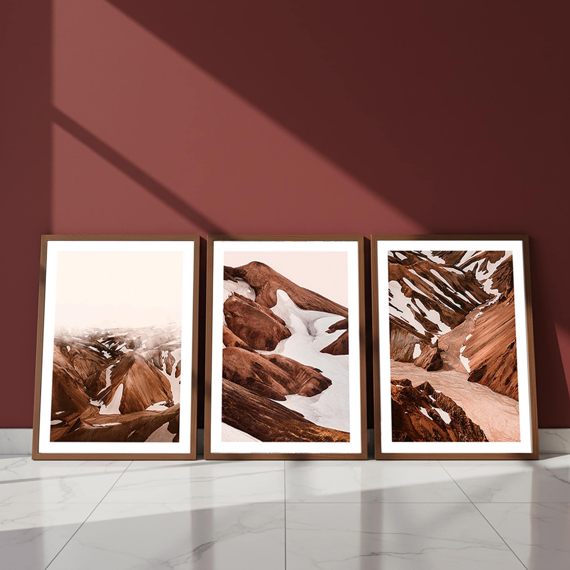 Terracotta Mountain Landscape Wall Art Set of 3, Rust Brown and Snow ...