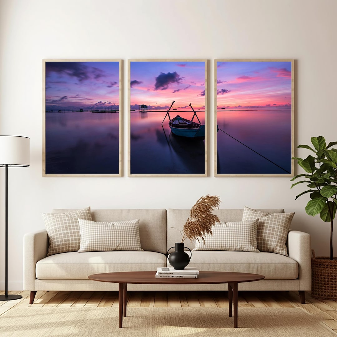 Serene Sunset Boat Art Set of 3, Wooden Framed Purple Ocean Landscape ...