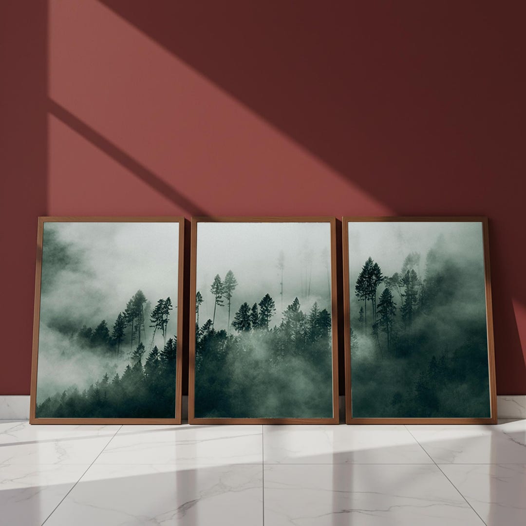 Misty Pine Forest Wall Art Set of 3, Wooden Framed Ethereal Foggy ...