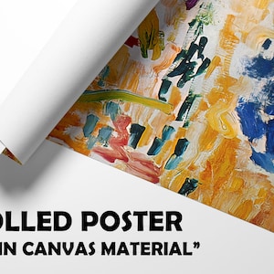May include: Rolled poster with a colorful abstract painting. The artwork features bold brushstrokes in shades of yellow, blue, green, and red. The text "ROLLED POSTER" and "SATIN CANVAS MATERIAL" are displayed.