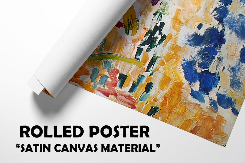 May include: Rolled poster with a colorful abstract painting. The artwork features bold brushstrokes in shades of yellow, blue, green, and red. The text "ROLLED POSTER" and "SATIN CANVAS MATERIAL" are displayed.