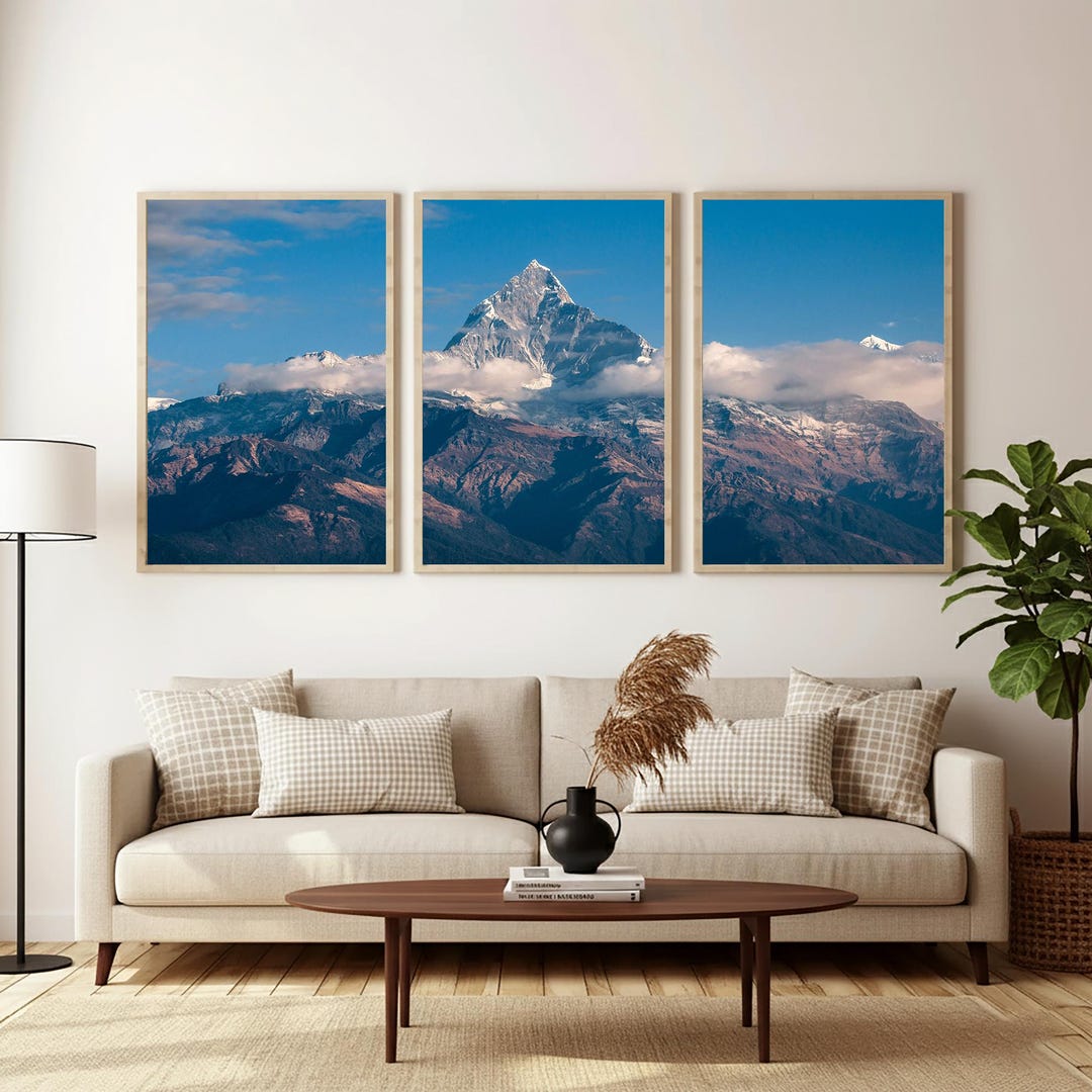 Majestic Snow Peak Art Set of 3, Wooden Framed Mountain Above Clouds ...