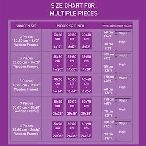 May include: A size chart for multiple wooden framed pieces, with dimensions in both centimeters and inches. The chart details the size of each piece and the total occupied space, including width and height measurements in inches.