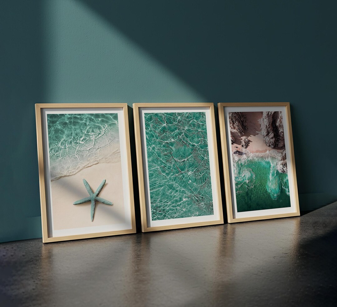Coastal Beach Print Set of 3, Teal Ocean Water and Starfish Wall Art ...