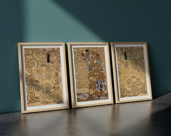 Set von 3 Holzgerahmten Gustav Klimt Baum des Lebens Drucken | Jugendstil Meisterwerk Galerie Wandkunst | Gold Ästhetisches Dekor