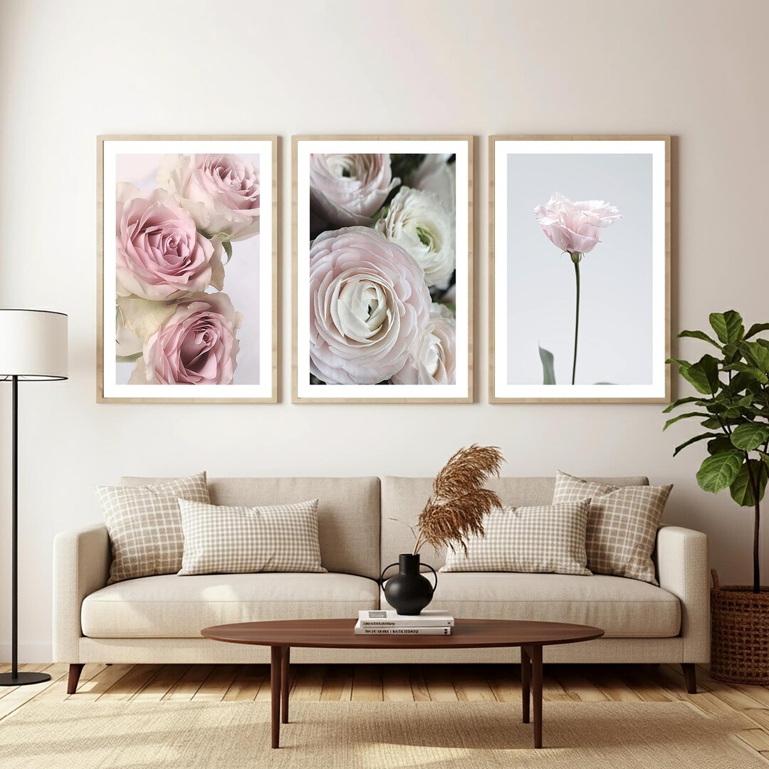 Blush Pink Rose and Ranunculus Floral Print Set of 3, Romantic ...