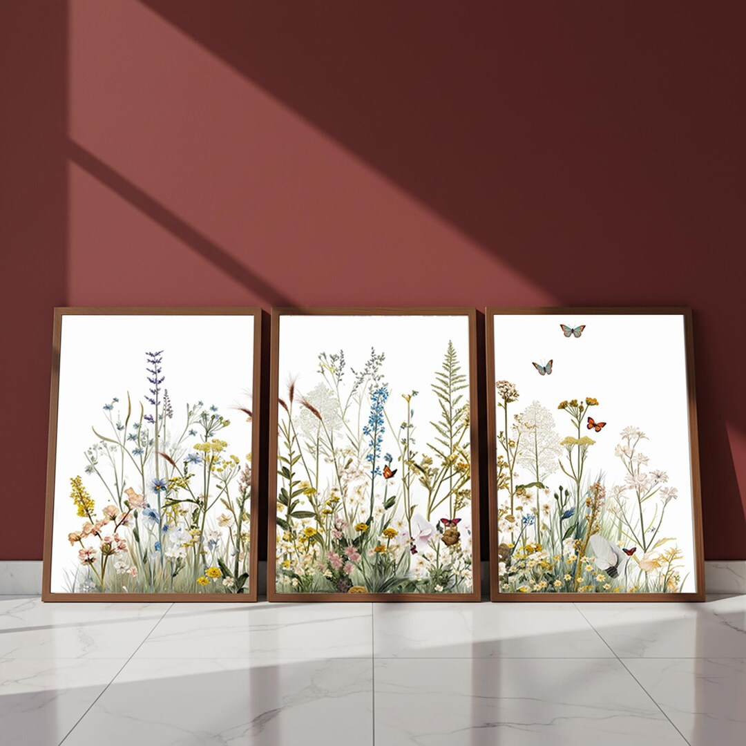 Wildflowers Botanical Wall Art Set of 3, Wooden Framed Prints ...