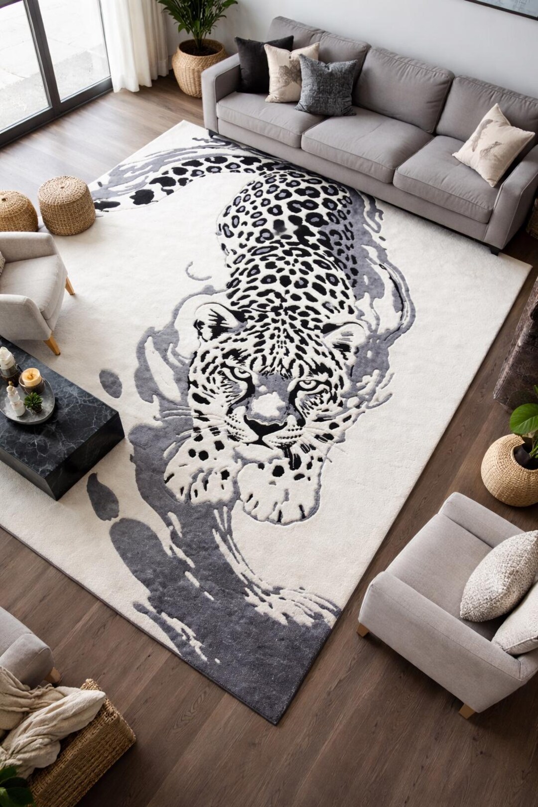 Hand Tufted Wool Leopard Rug, Black White Safari Area Carpet, Luxury ...